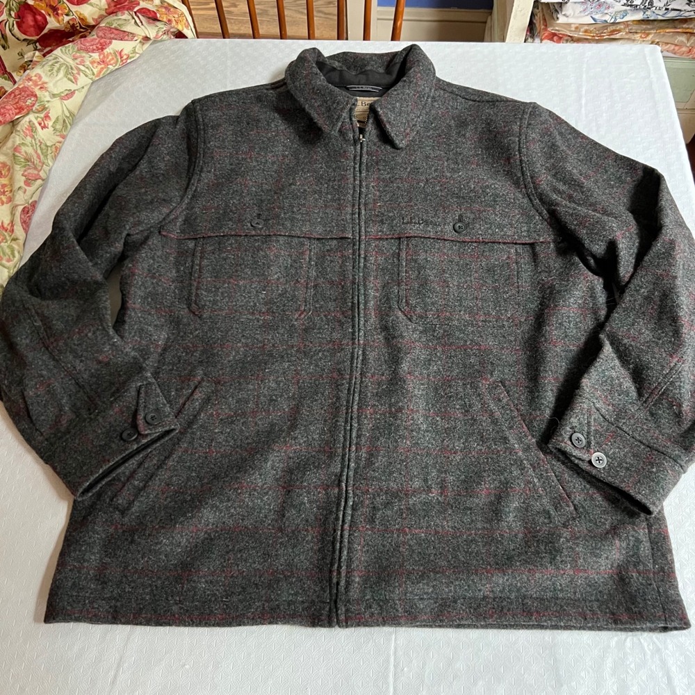 LL Bean Mens XL Maine Guide Zip-Front Jac-Shirt Wool Blend Plaid Gray Shacket